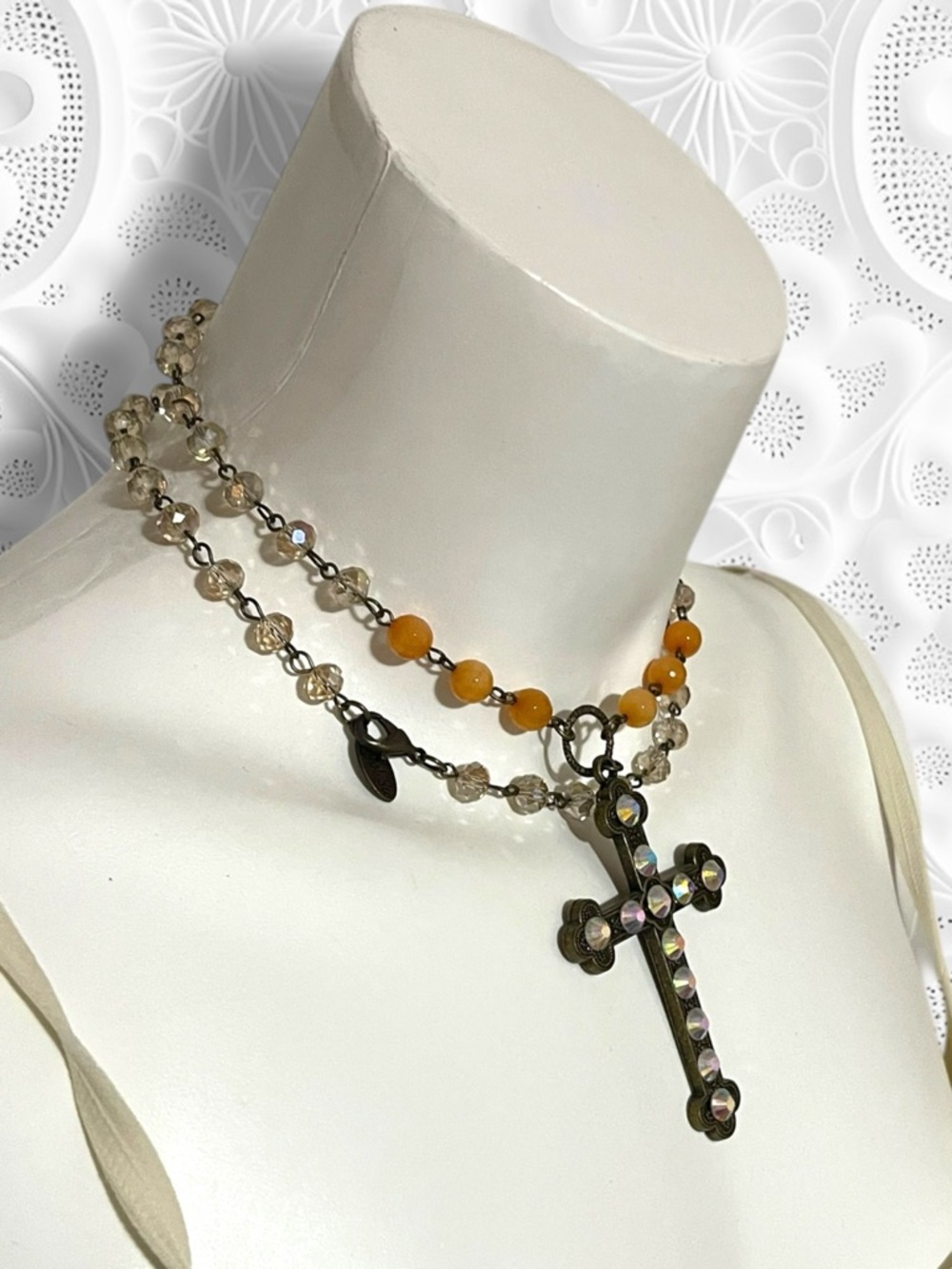Carol Su Handmade 30" Iridescent Beaded Cross Necklace - Picture 11 of 12